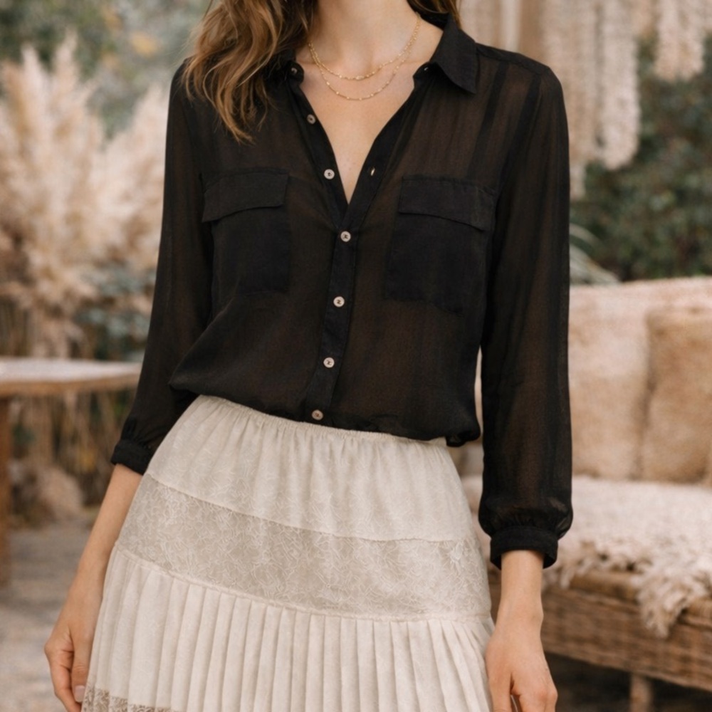 Vintage Fashion Web Black Sheer Button Down Front Back Blouse Size Medium Y2K